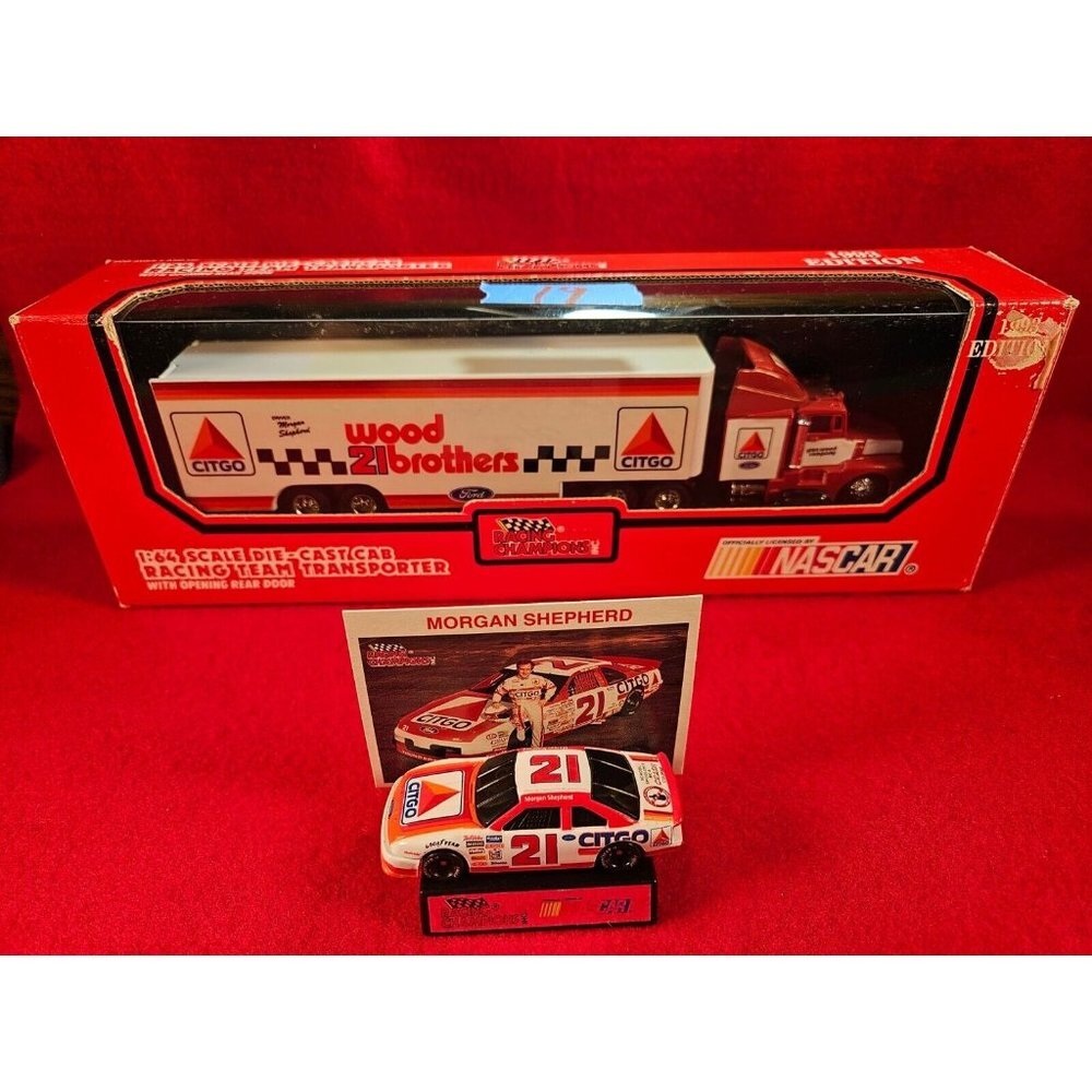 MORGAN SHEPHERD NASCAR TRANSPORTER BUNDLE w/MATCHING STOCKCAR & PLAYER CARD